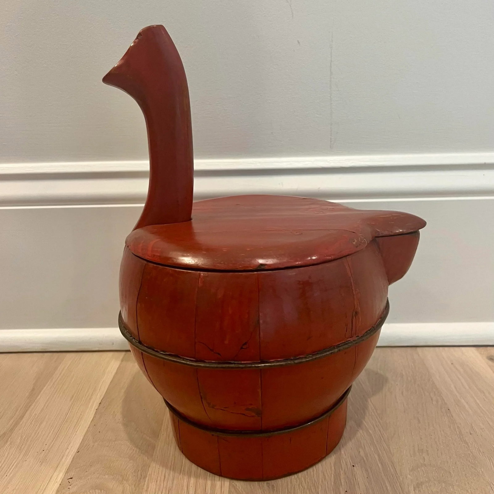 19th Century Red Laquered Water Bucket With Lid, Spout & Gooseneck Handle - 7
