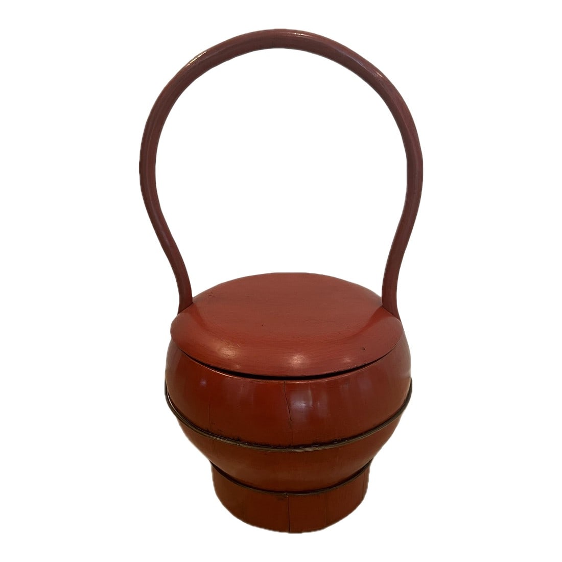 Early 20th Century Antique Red Lacquered Wedding Basket With Lid: Design lines. The color, proportions and especially the cute lighthearted gooseneck make this one of our favorite decor items. The lid is removable and secures snugly onto the basket between the ends