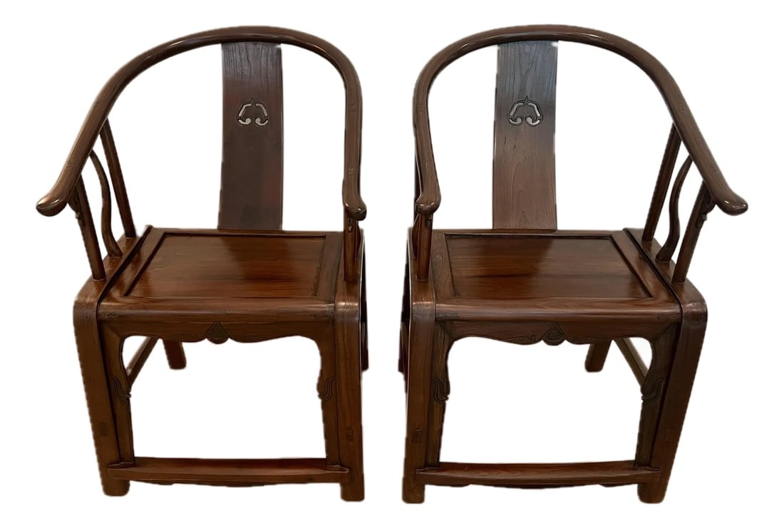 Qing Dynasty Horseshoe Backed Armchairs Matching Pair (1 of 12)