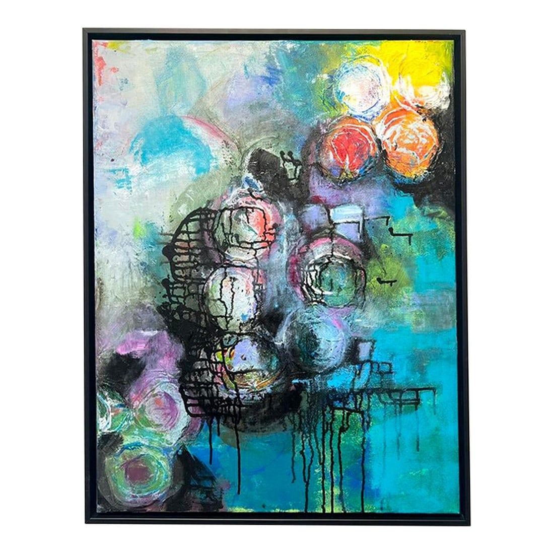 Electric Garden Abstract Painting, Framed: Electric Garden pulses with vibrant color and layered texture, evoking the unruly beauty of a dreamlike landscape. Bursts of magenta, turquoise, golden yellow, and inky black create a dynamic