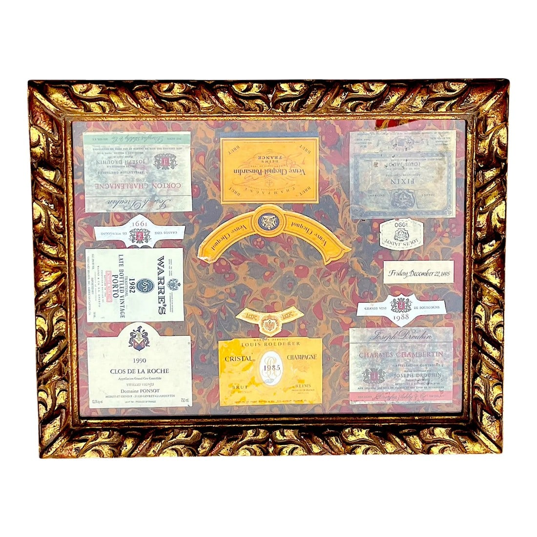 1990s Fine French Wine and Champagne Label Multi Media Collage on Hand Marbled Paper in Gesso and Gi: One-of-a-kind French wine and champagne label collage is a feast for the eyes and a toast to the senses. Featuring authentic vintage labels from storied estates"”Veuve Clicquot, Cristal, Louis
