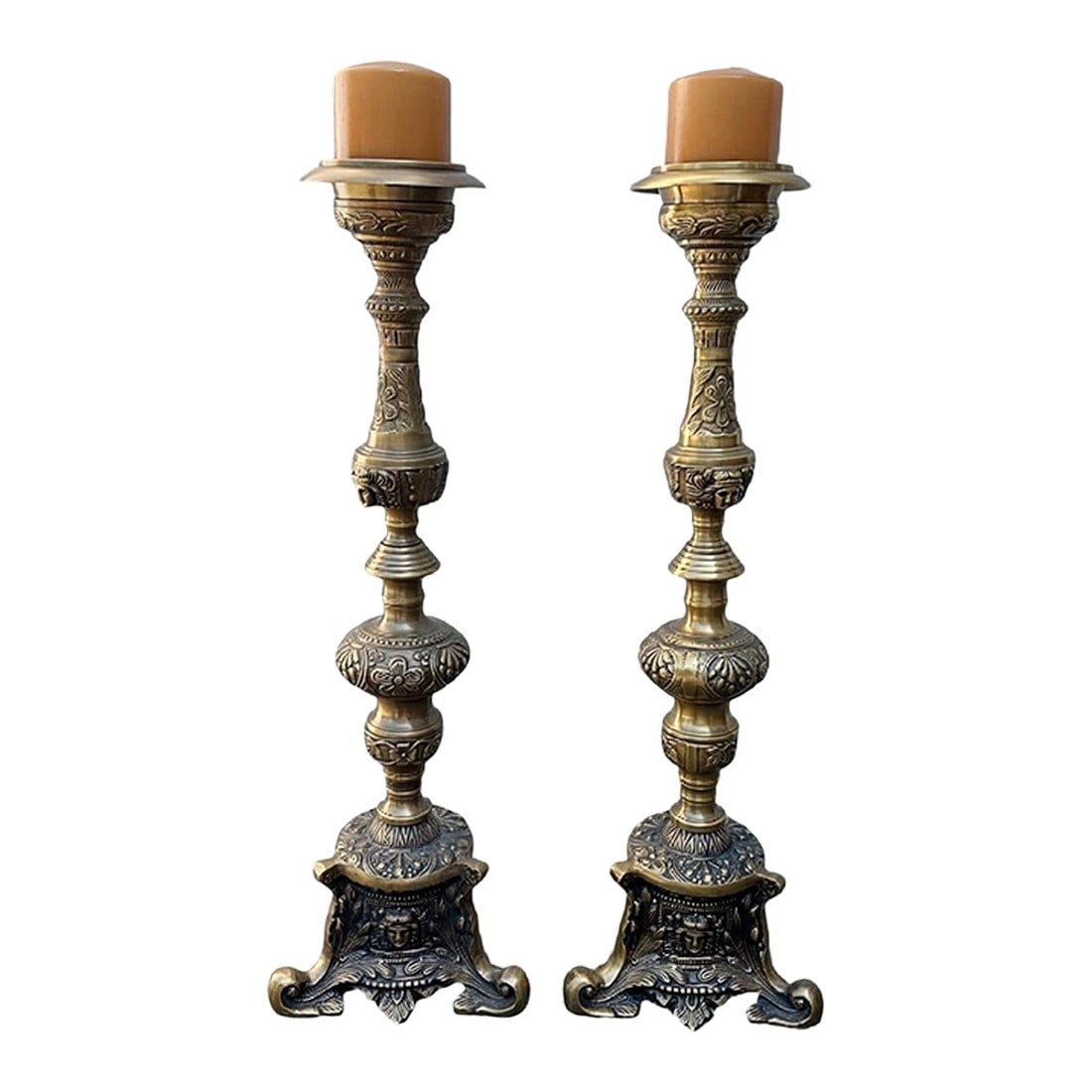 Antique Castilian Art Nouveau Medieval Ornate Pique-Cierge Brass Candle Stands Holders: Antique Castilian Art Nouveau Ornate Pique-Cierge Brass Candle Holders 24" H This is a pair of tall antique early 20th century pique-cierge candle stands that are solid brass with exquisite details. T