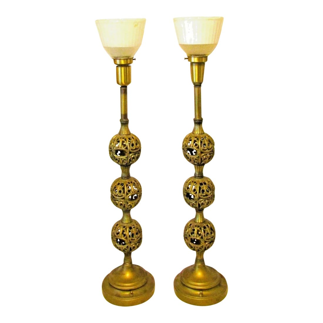 Vintage Pair Reticulated Three Ball Tall Buffet Table Lamps Milk Glass Shades Attributed to Stiffel: These Vintage Reticulated Three Ball Tall Buffet Lamps with Milk Glass Shades attributed to Stiffel are a stunning addition to any collection. Made of brass with an antique gold finish, they exude a