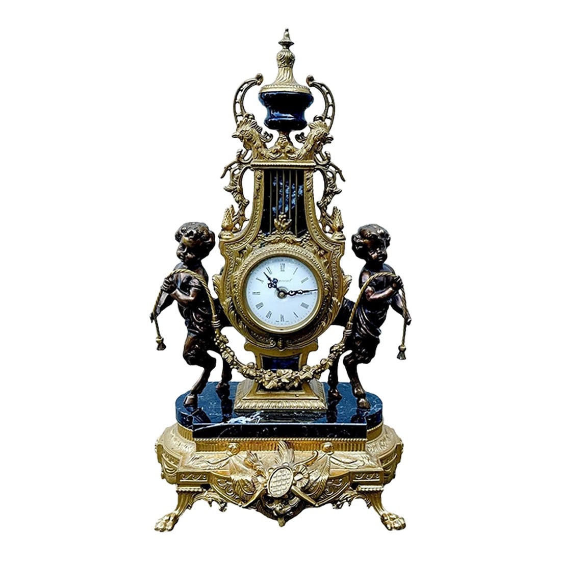 Vintage Italian Gilt Bronze & Marble Rococo Lyre Clock With Faun Figurals (1 of 8)