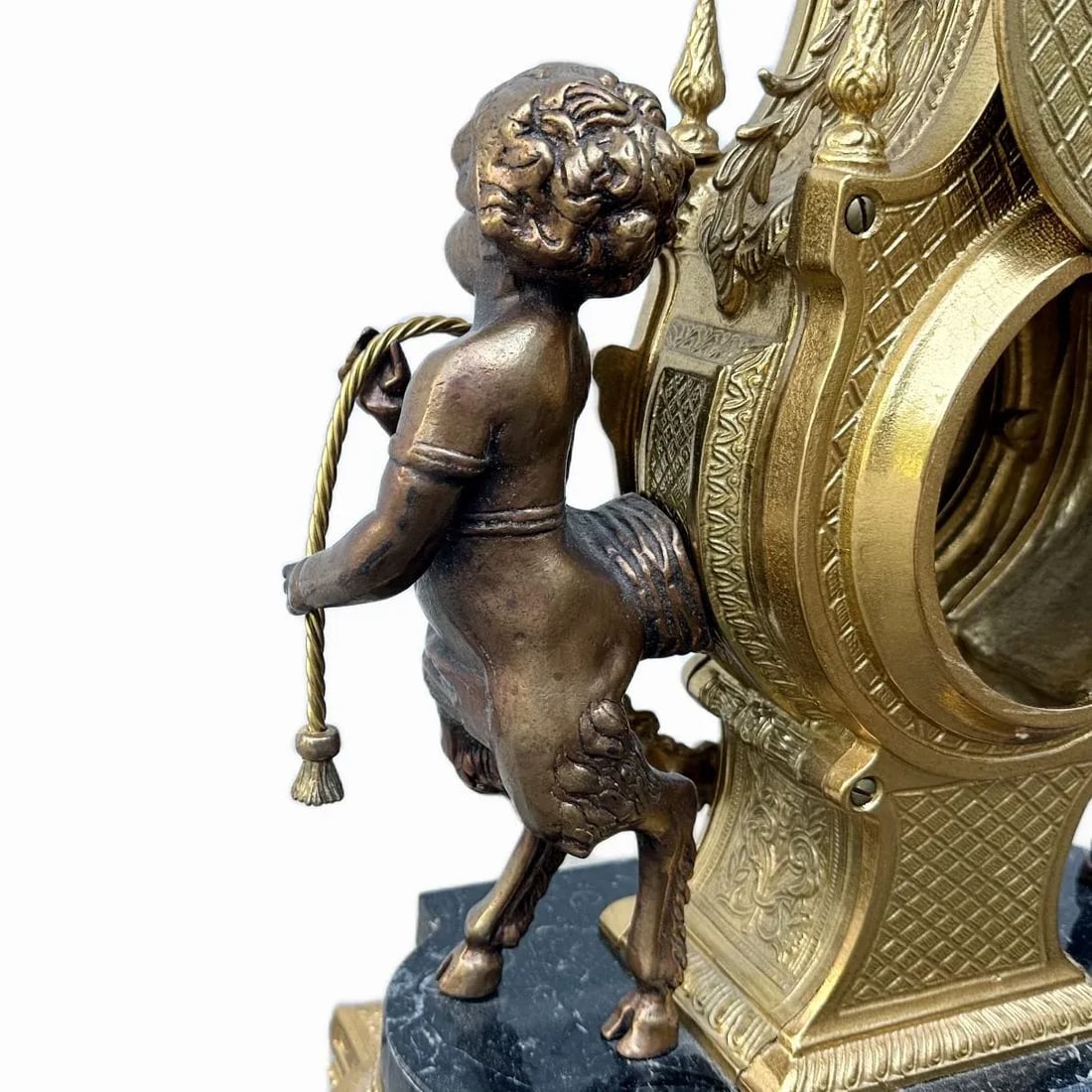 Vintage Italian Gilt Bronze & Marble Rococo Lyre Clock With Faun Figurals - 6