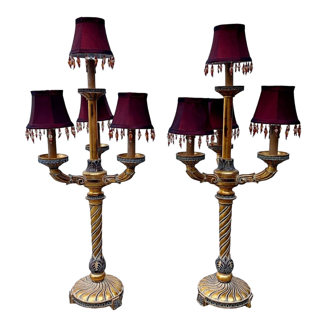 Vintage Bombay French Empire Style Gilt Carved Wood Candelabra Lamps - A Pair (1 of 6)