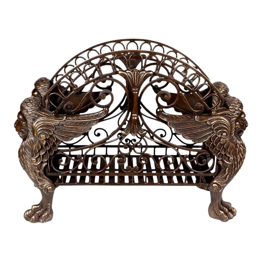 Vintage French Empire Style Bronze Winged Lion Regency Griffin Firewood Holder/Magazine Basket: Vintage French Empire Style Bronze Winged Lion Firewood Holder/Basket This is a large, solid bronze French Empire style fire log holder/basket that features majestic winged lion sculptures at each cor