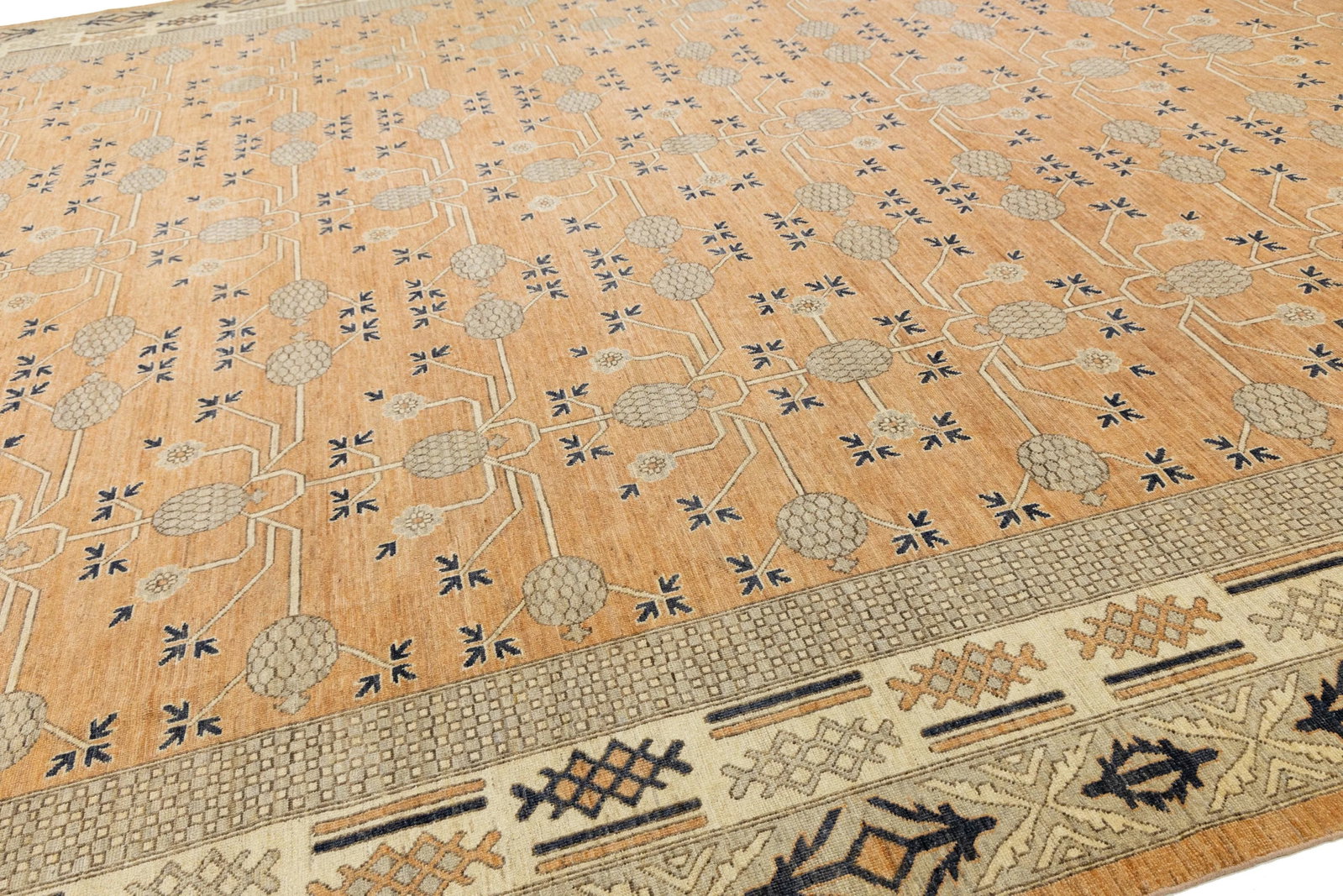 15 X 19 Modern Khotan Style Handmade Wool Rug in Orange With Geometric Pattern - 10