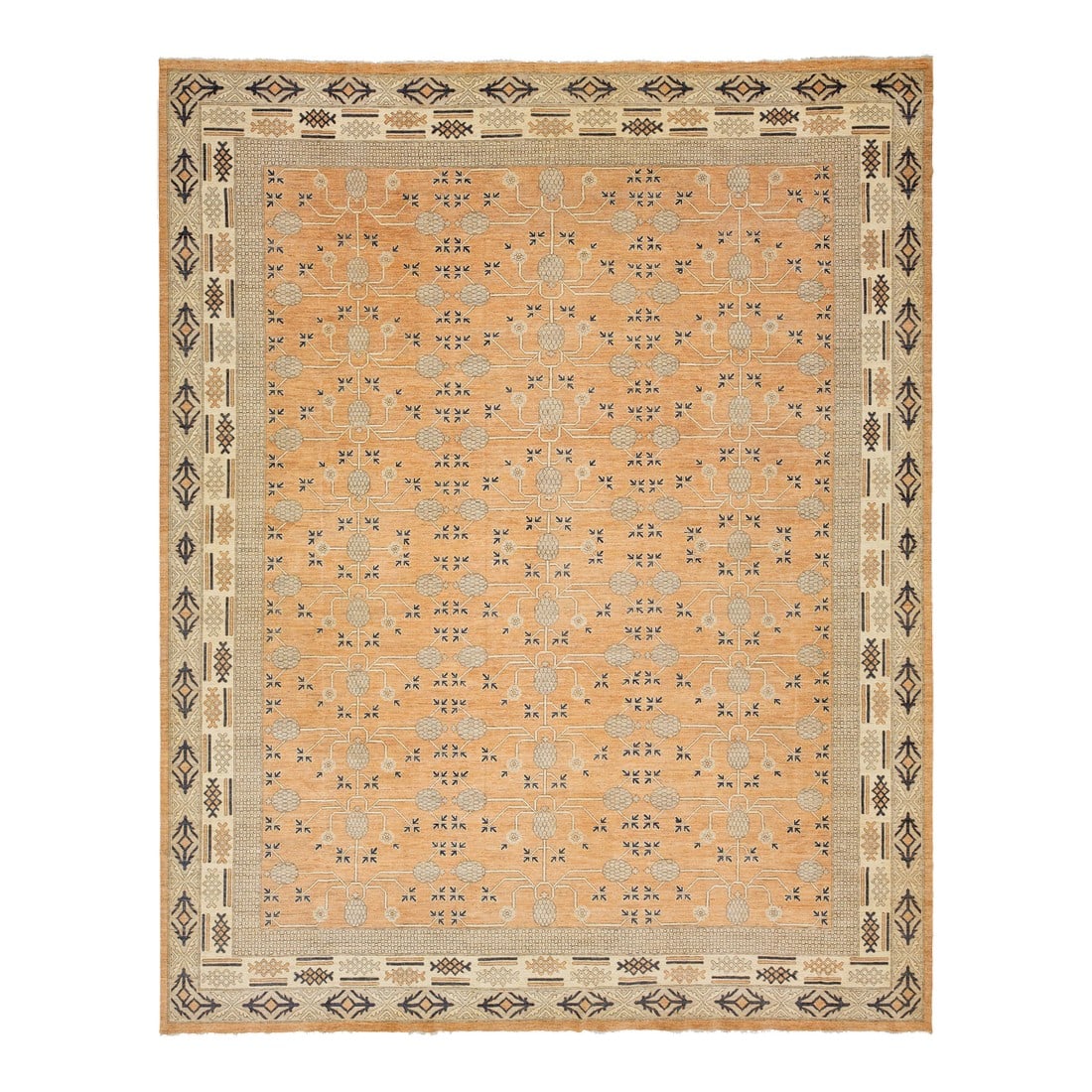 15 X 19 Modern Khotan Style Handmade Wool Rug in Orange With Geometric Pattern: This oversized Khotan-style hand-knotted wool rug features an orange field with brown and beige accents. The design showcases an all-over pattern that incorporates elements of modern style. This rug