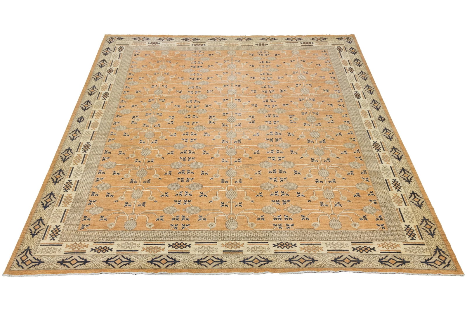 15 X 19 Modern Khotan Style Handmade Wool Rug in Orange With Geometric Pattern - 2
