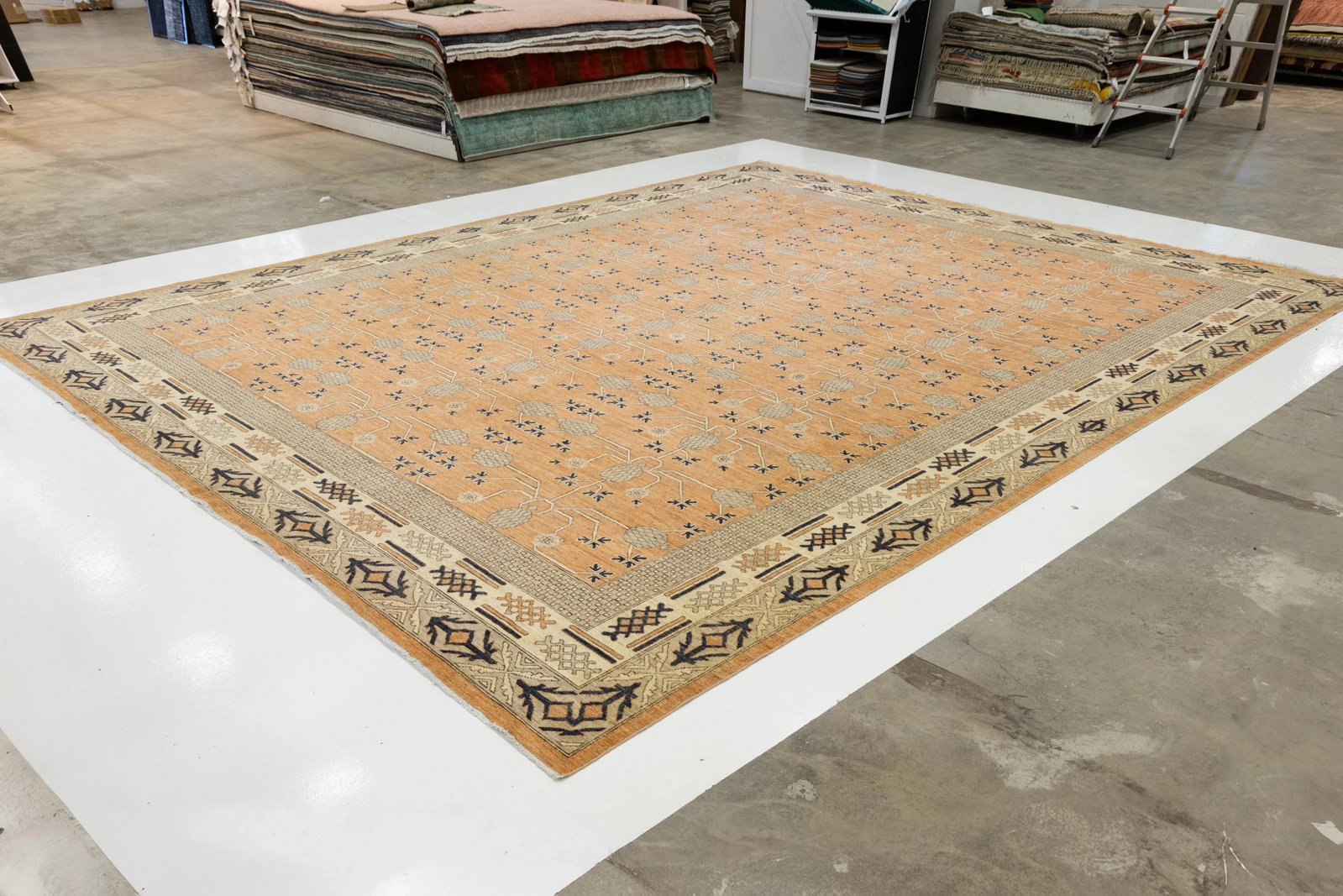 15 X 19 Modern Khotan Style Handmade Wool Rug in Orange With Geometric Pattern - 3