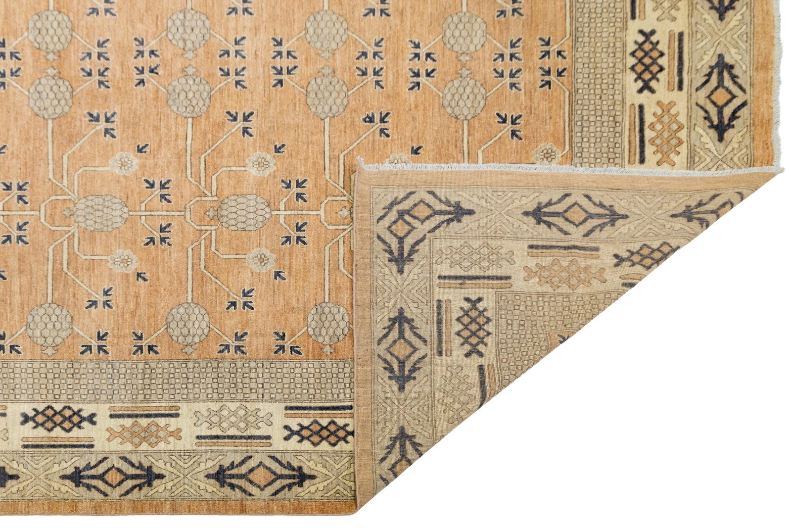 15 X 19 Modern Khotan Style Handmade Wool Rug in Orange With Geometric Pattern - 4