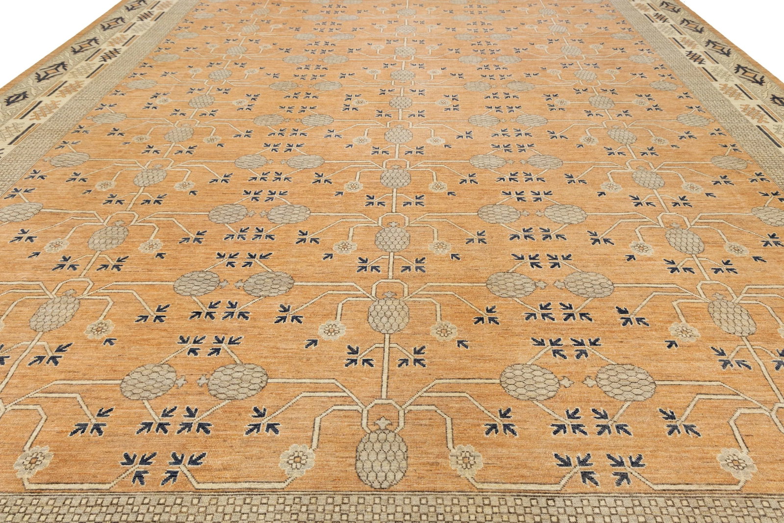 15 X 19 Modern Khotan Style Handmade Wool Rug in Orange With Geometric Pattern - 9