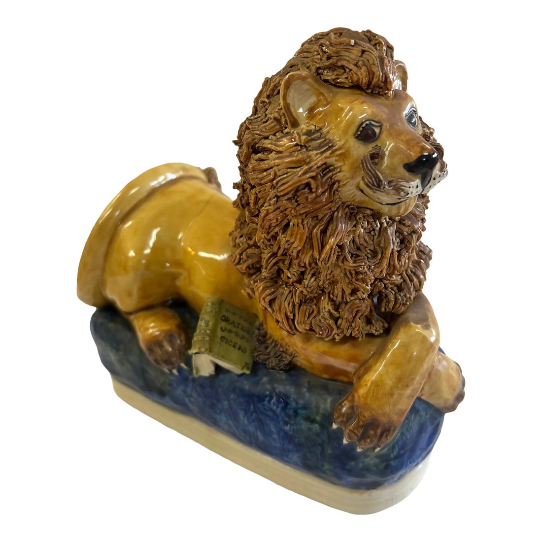 The Literary Lion by B. McLaughlin 1950 Touchstone Ceramic Sculpture Figurine: This is a ceramic sculpture of "the Literary Lion" by artist B. Mc Laughlin Very rare signed piece. Has a few small chips in mane and craze crack across back Please see pictures Condition: