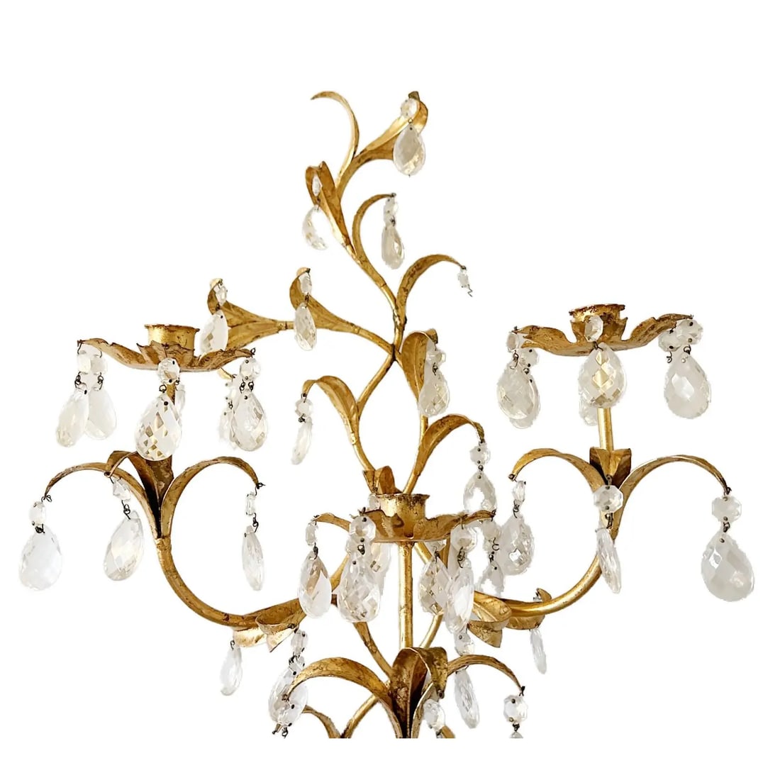 Large Vintage Rococo Italian Gilt Tole 5 Candle Sconce With Crystals - 2