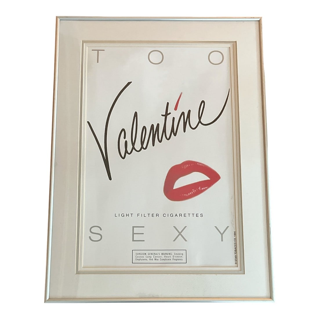 Framed Post Modern Memphis Group Style "Too Sexy" Valentine Cigarettes Limited Edition Art –: Bold, graphic, and unapologetically provocative"”this rare limited edition Valentine Cigarettes poster captures the high-gloss energy of 1990s advertising and Pop-influenced art. The piece
