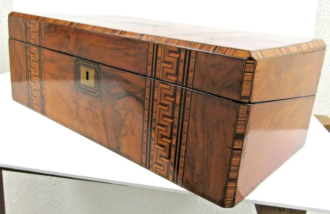 Victorian Burr Walnut Parquetry Inlaid Writing Slope Portable Desk Turnbridge - 15
