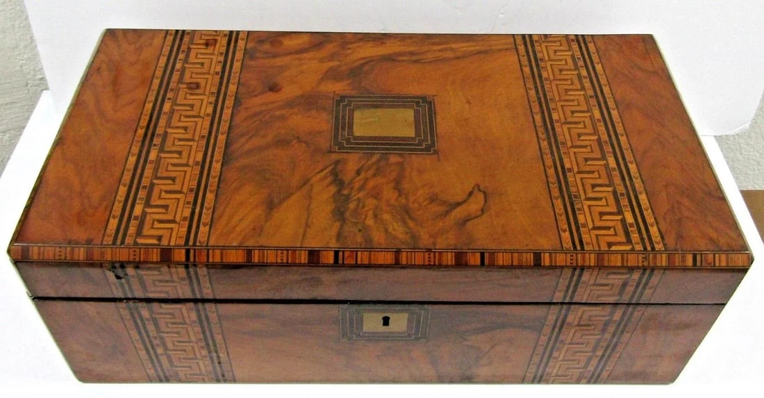 Victorian Burr Walnut Parquetry Inlaid Writing Slope Portable Desk Turnbridge - 3