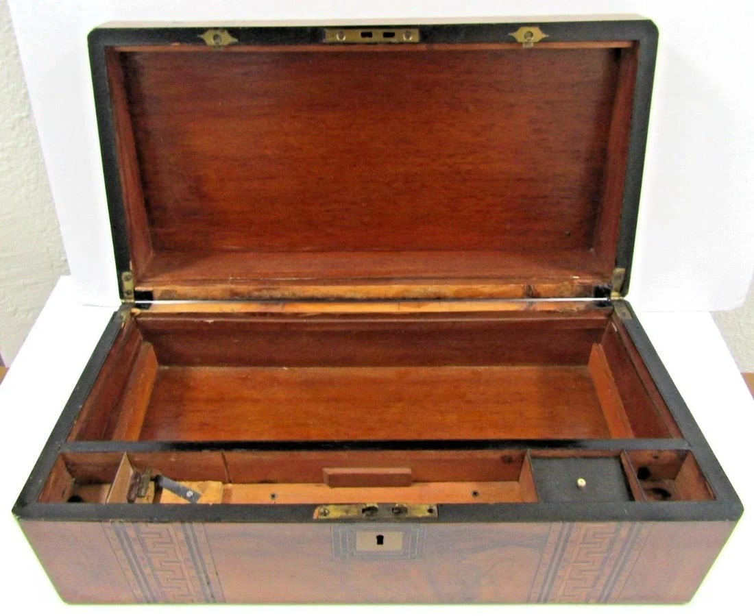 Victorian Burr Walnut Parquetry Inlaid Writing Slope Portable Desk Turnbridge - 4