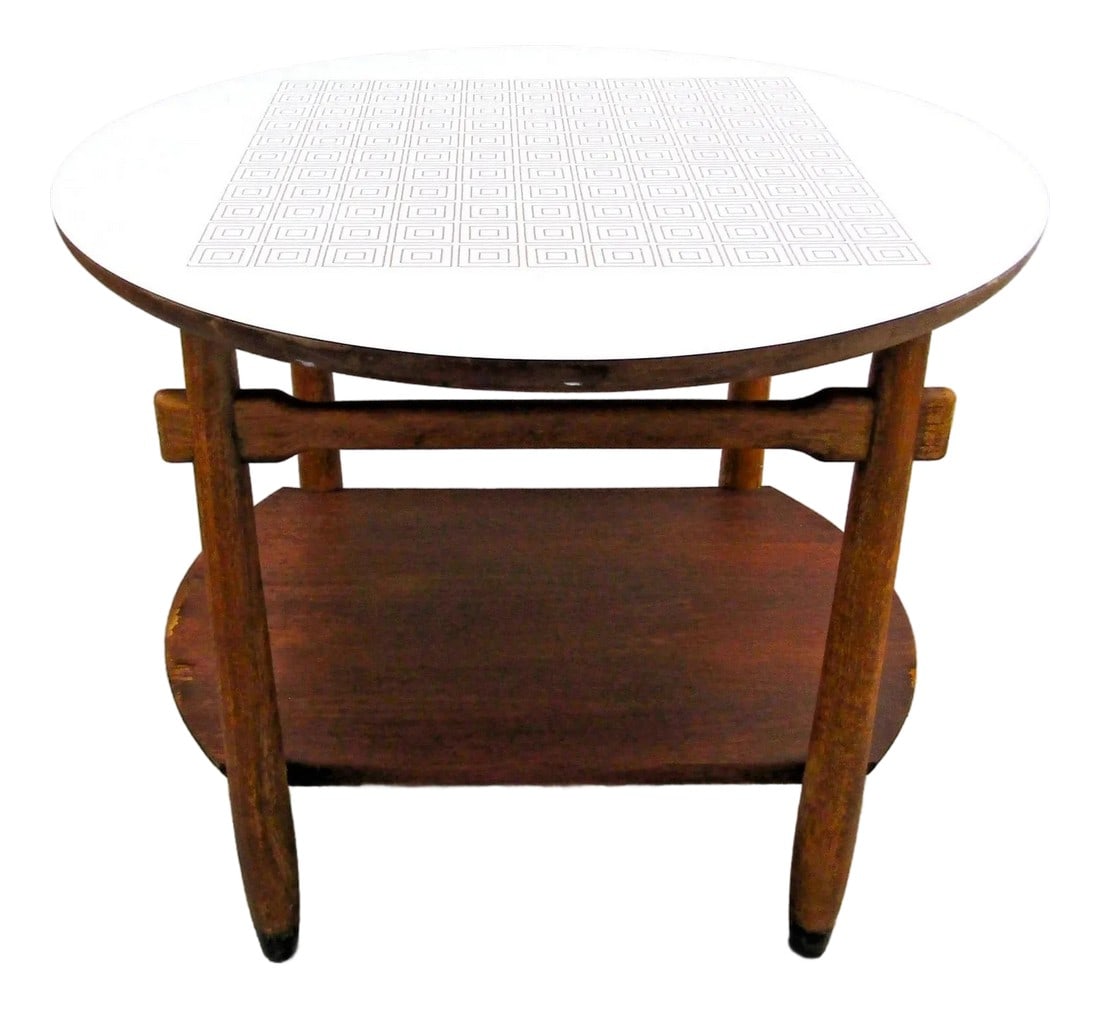 1950s Vintage Lane Round Two Tier Greek Key Pattern Laminate Top Occasional Side Table: The vintage Lane round two tier Greek Key pattern laminate top occasional side table is a beautifully crafted piece of furniture with a round tabletop made of laminate material in a brown color. This 