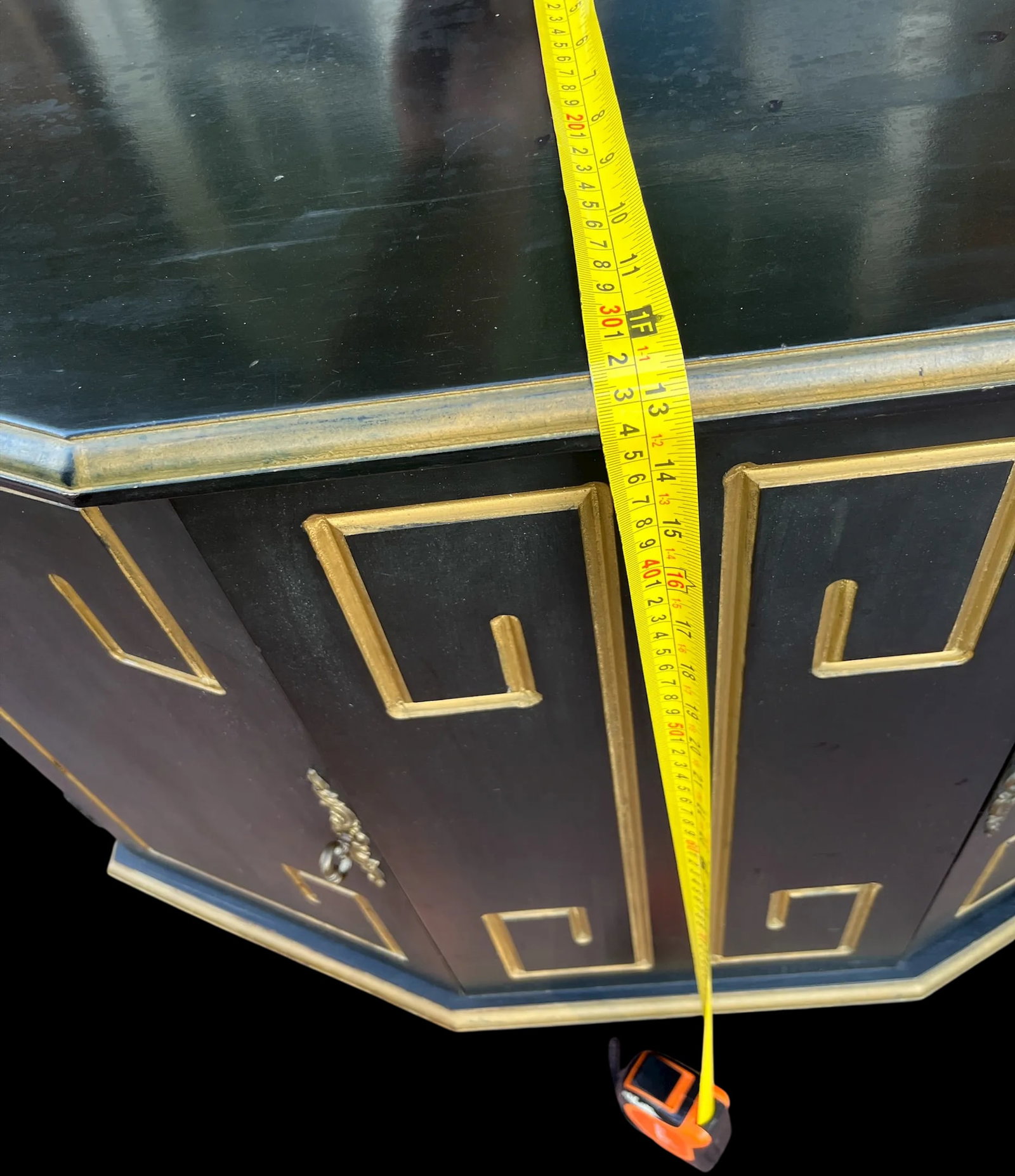 Hollywood Regency Black & Gold Trapezoid Credenza or Bath Vanity Cabinet in the Style of Dorothy Dra - 10