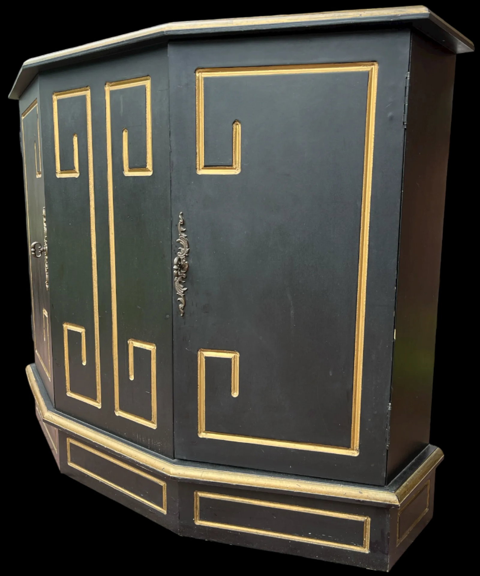 Hollywood Regency Black & Gold Trapezoid Credenza or Bath Vanity Cabinet in the Style of Dorothy Dra - 2
