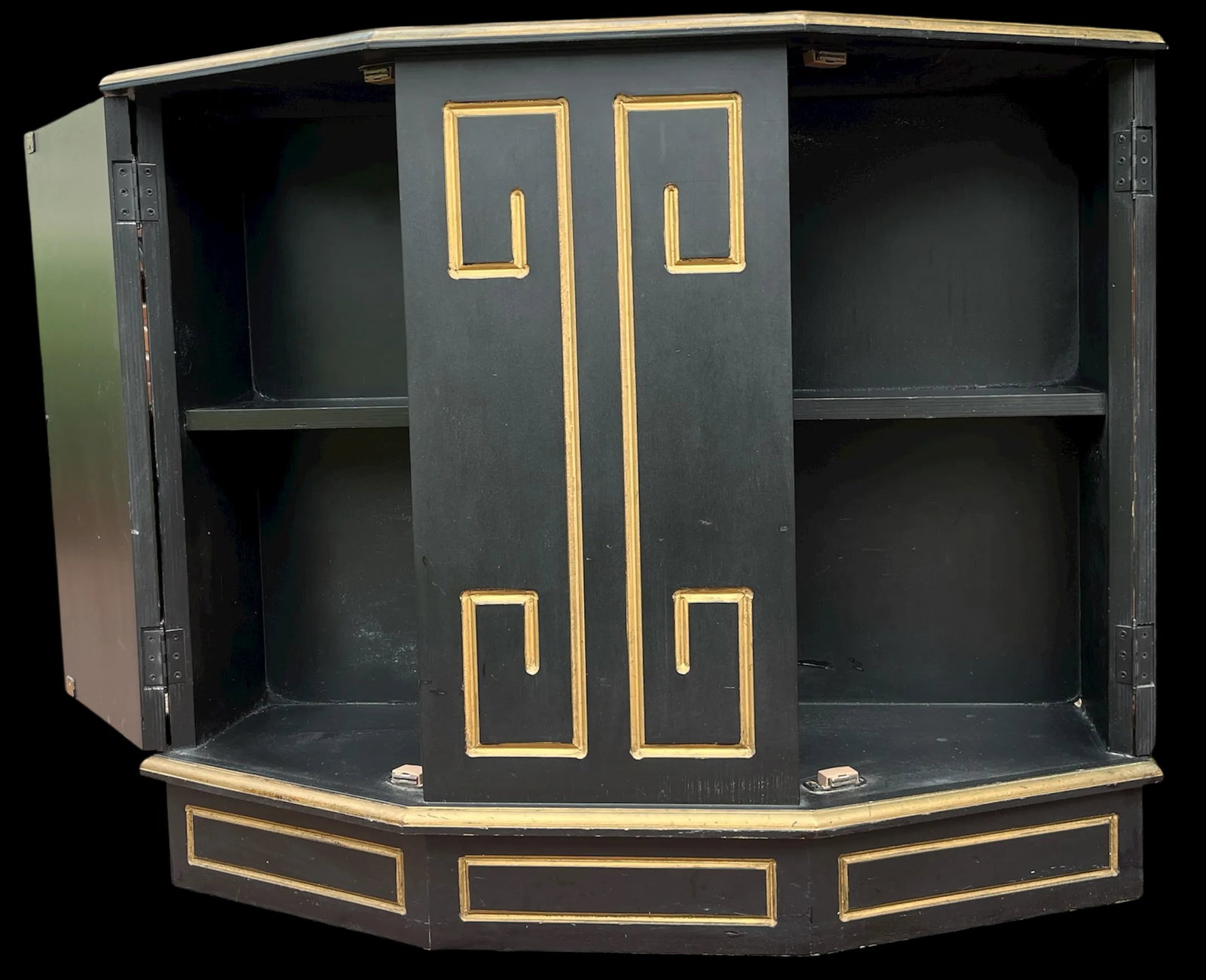 Hollywood Regency Black & Gold Trapezoid Credenza or Bath Vanity Cabinet in the Style of Dorothy Dra - 3