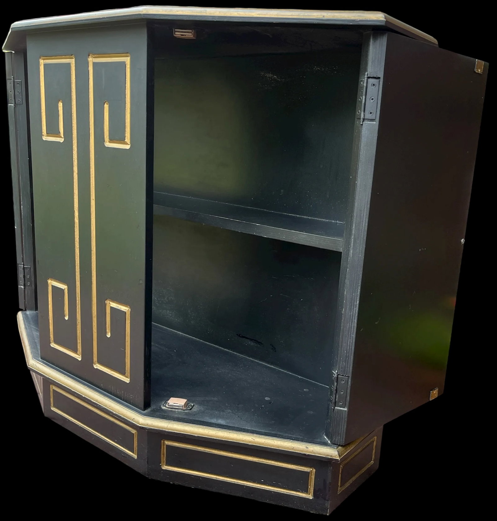 Hollywood Regency Black & Gold Trapezoid Credenza or Bath Vanity Cabinet in the Style of Dorothy Dra - 4