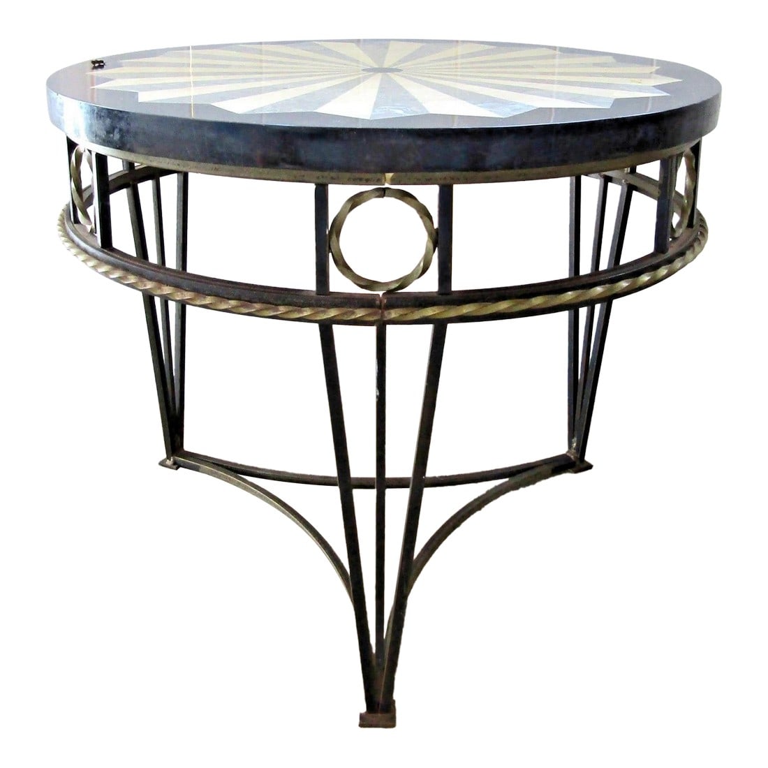 1980s Vintage Hollywood Regency Style Marble Inlay and Iron Accent Side Table Attributed to Maitland: The Vintage Hollywood Regency Style Marble Inlay and Iron Accent Table attributed to Maitland-Smith is a round accent table with a contemporary/modern style. The tabletop is made of marble with a