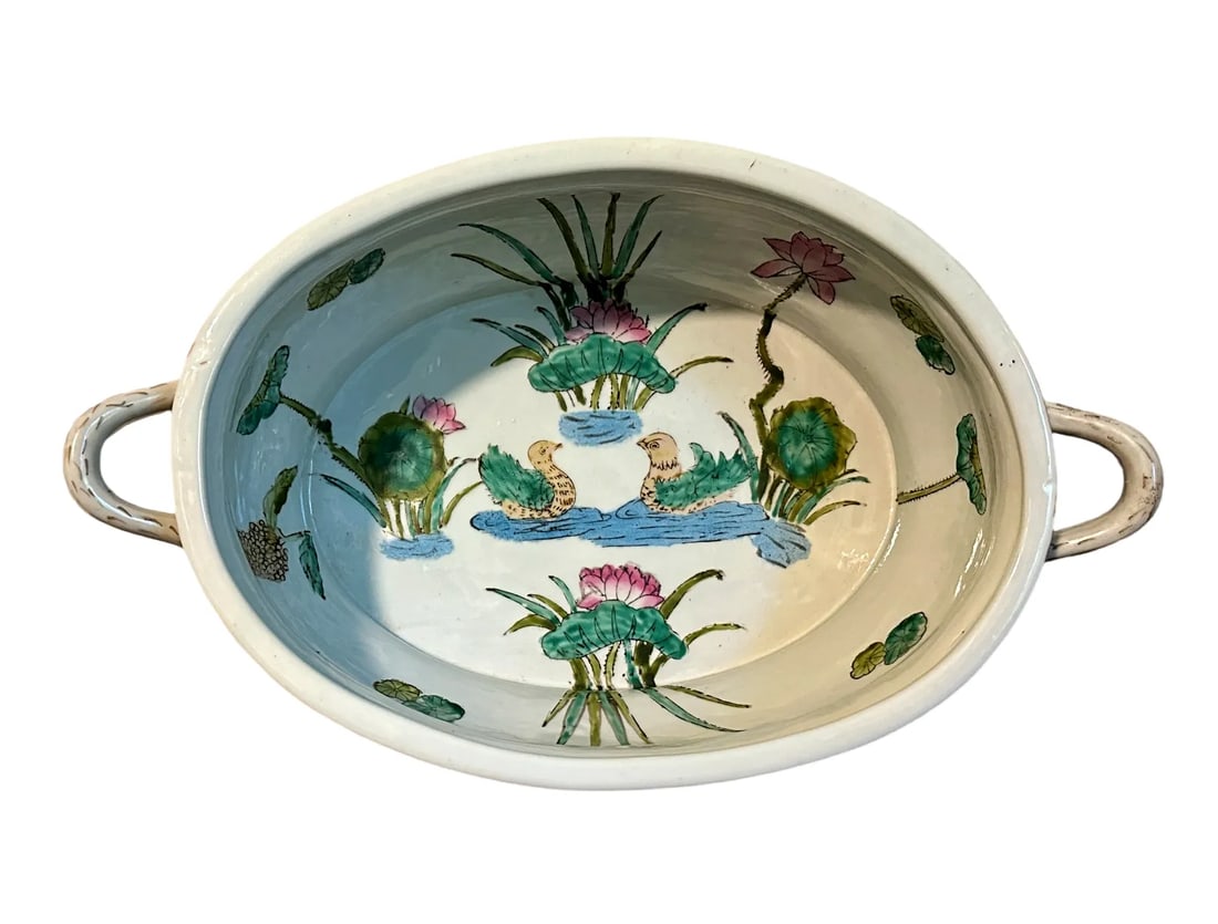 Antique 19th Century Chinese Canton Ware Qianlong Tobacco Leaf Porcelain Foot Bath - 6