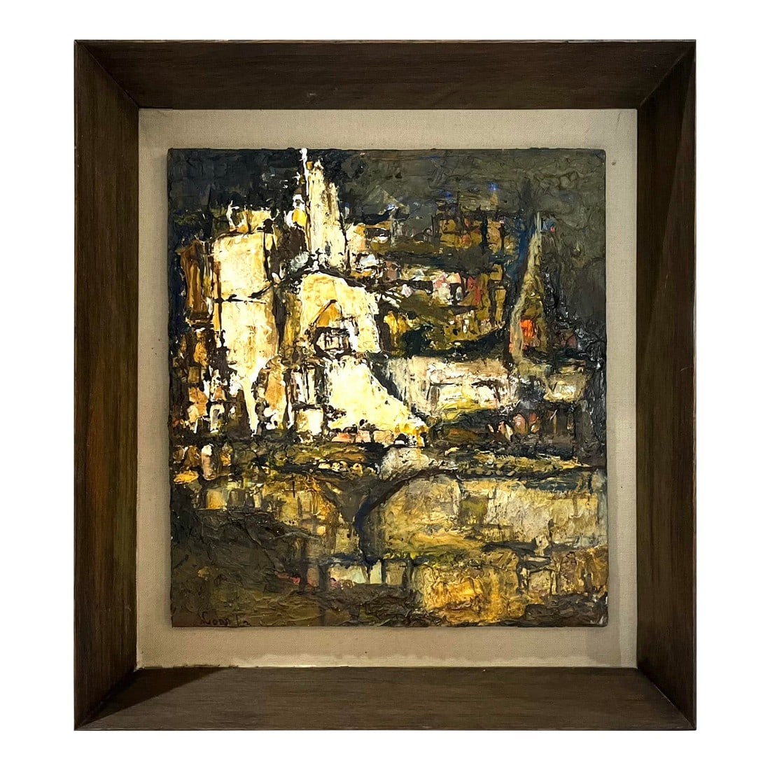 1963 Abstract Italian Landscape Painting - Cohn: Italian Landscape circa 1963 by Seattle artist Lorraine Cohn (1922 - 2019). Oil on board landscape with heavy impasto. Floating mount on taupe linen ground within a deeply inset "shadow box" frame.