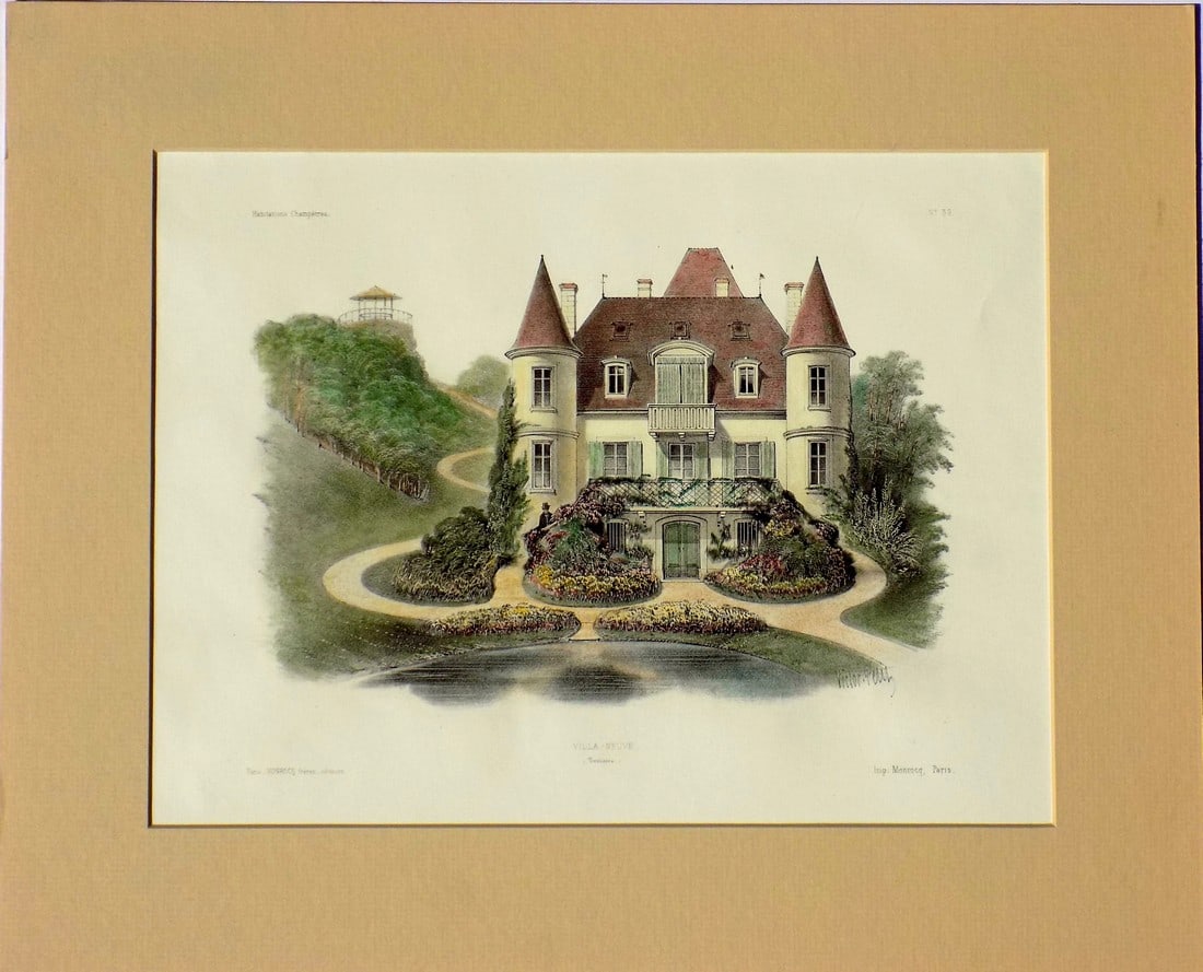 Villa Nueve, Touraine, France - Original Lithograph, 1860: Original hand colored lithograph from Habitations Champetres by Becquet Brothers, circa 1860. Displayed in a mat. Dimensions: 16" x 13" Please note: If you purchase multiple items, we'll gladly