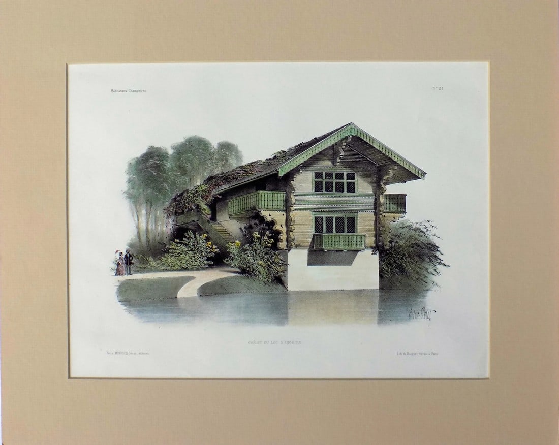 Home of the Lake of d'Enghein Original Lithograph, 1860: Original hand colored lithograph from Habitations Champetres by Becquet Brothers, circa 1860. Unframed. Dimensions: 13" x 16" Please note: If you purchase multiple items, we'll gladly combine