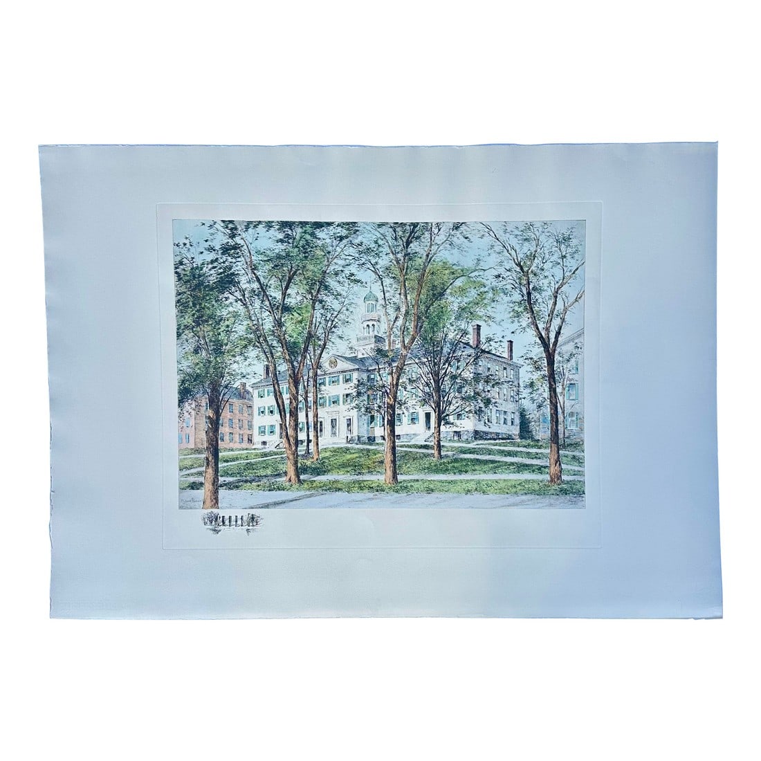 Dartmouth College Early 20th Century Antique Print: Dartmouth College, depicts Dartmouth Hall, a prominent building on the Dartmouth College campus in Hanover, New Hampshire. Re-strike engraving from the original plate (c. 1913) after Richard Rummell.