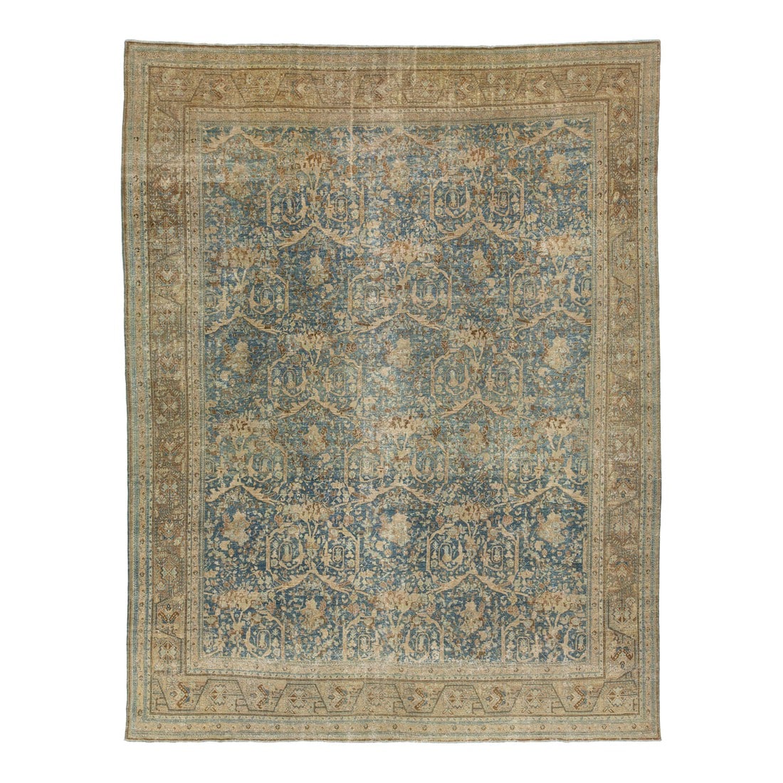 Floral Designed Handmade Mahal Wool Rug in Blue From the 1900s: Handknotted in Persia circa 1900, this wool Mahal rug features a graceful indigo field with beige and walnut floral motifs. Its lattice-like vinework and geometric borders reflect classic Persian arti