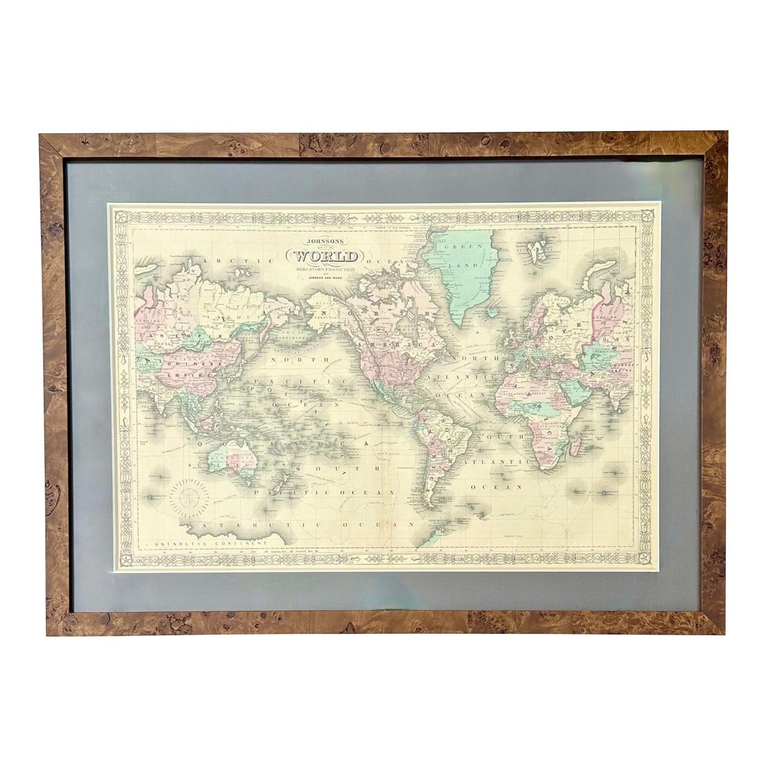 Map of the World by Johnson, 1861: Original engraving from the New Illustrated Atlas by Alvin Johnson and published by Johnson & Ward 1861. Map depicts the world centered on the Americas and includes routes of explorers such as