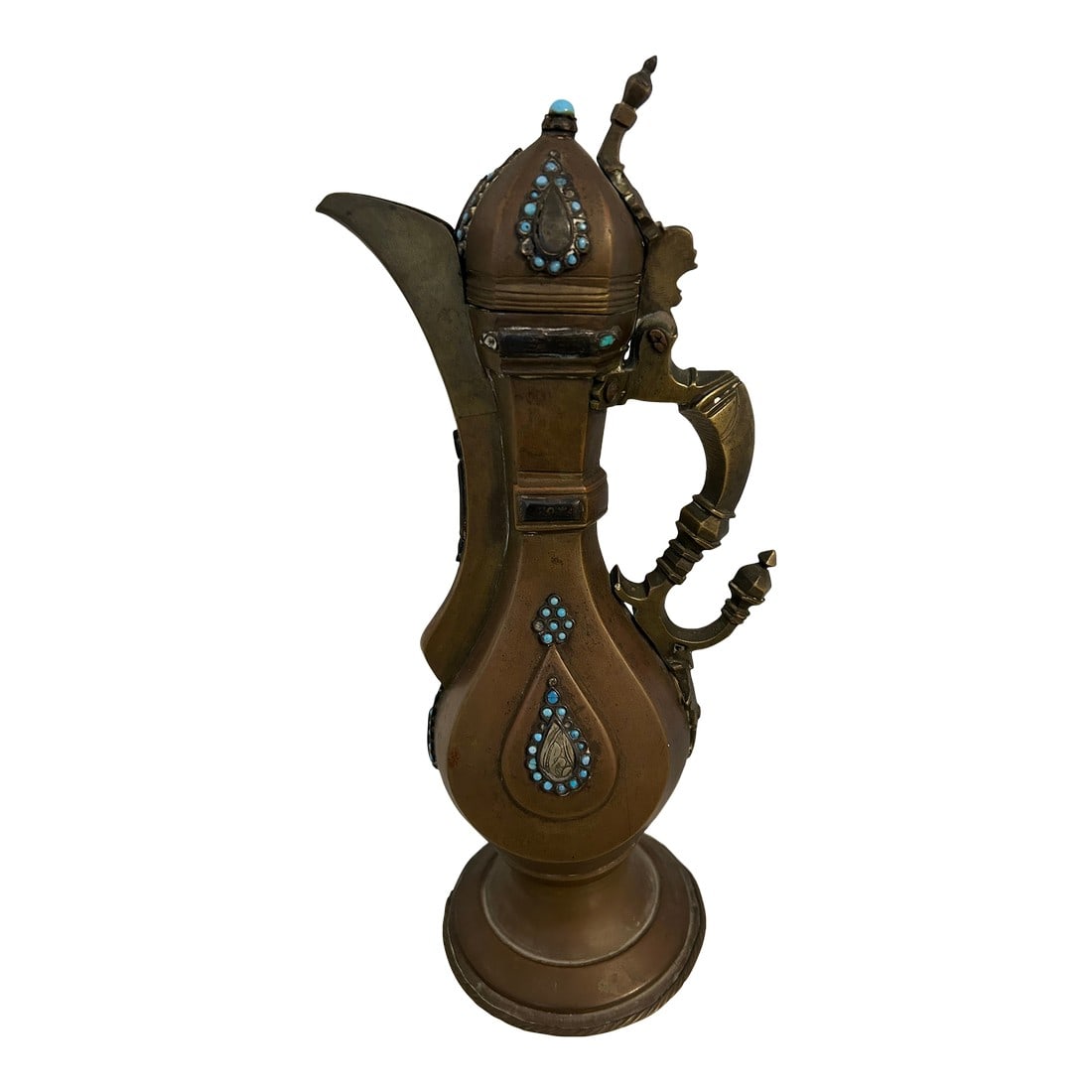 Early 20th Century Brass Ewer With Turquoise Inlay: Height: 12 Â¾ in (32.5 cm) Material: Brass with silver appliqué and turquoise cabochons Origin: Azerbaijan (likely Baku or Shamakhi region) Date: Circa 1900–1930