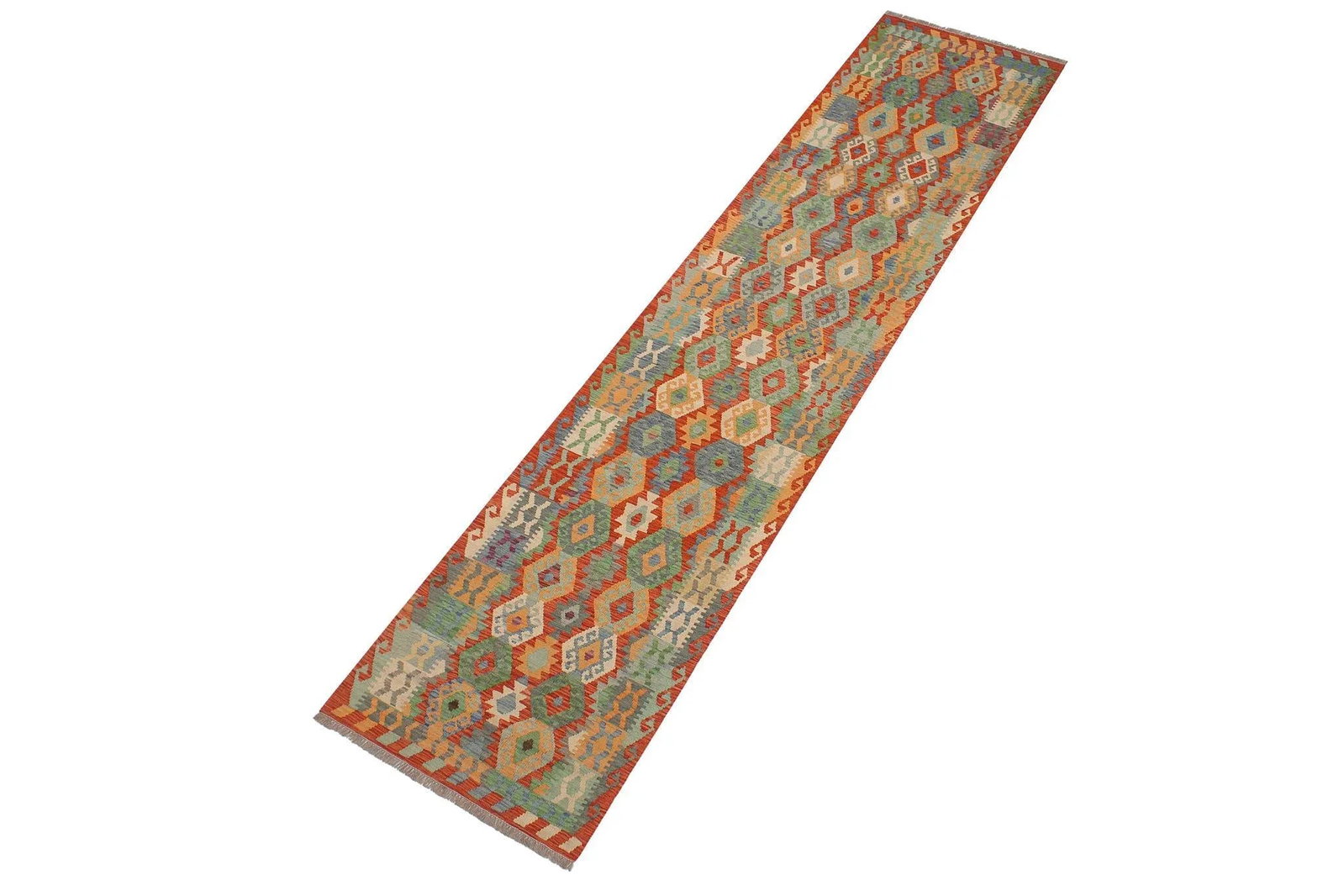 Navajo Style Kilim Rust Blue Hand Woven Rug - 2'10" X 12'6" - 2