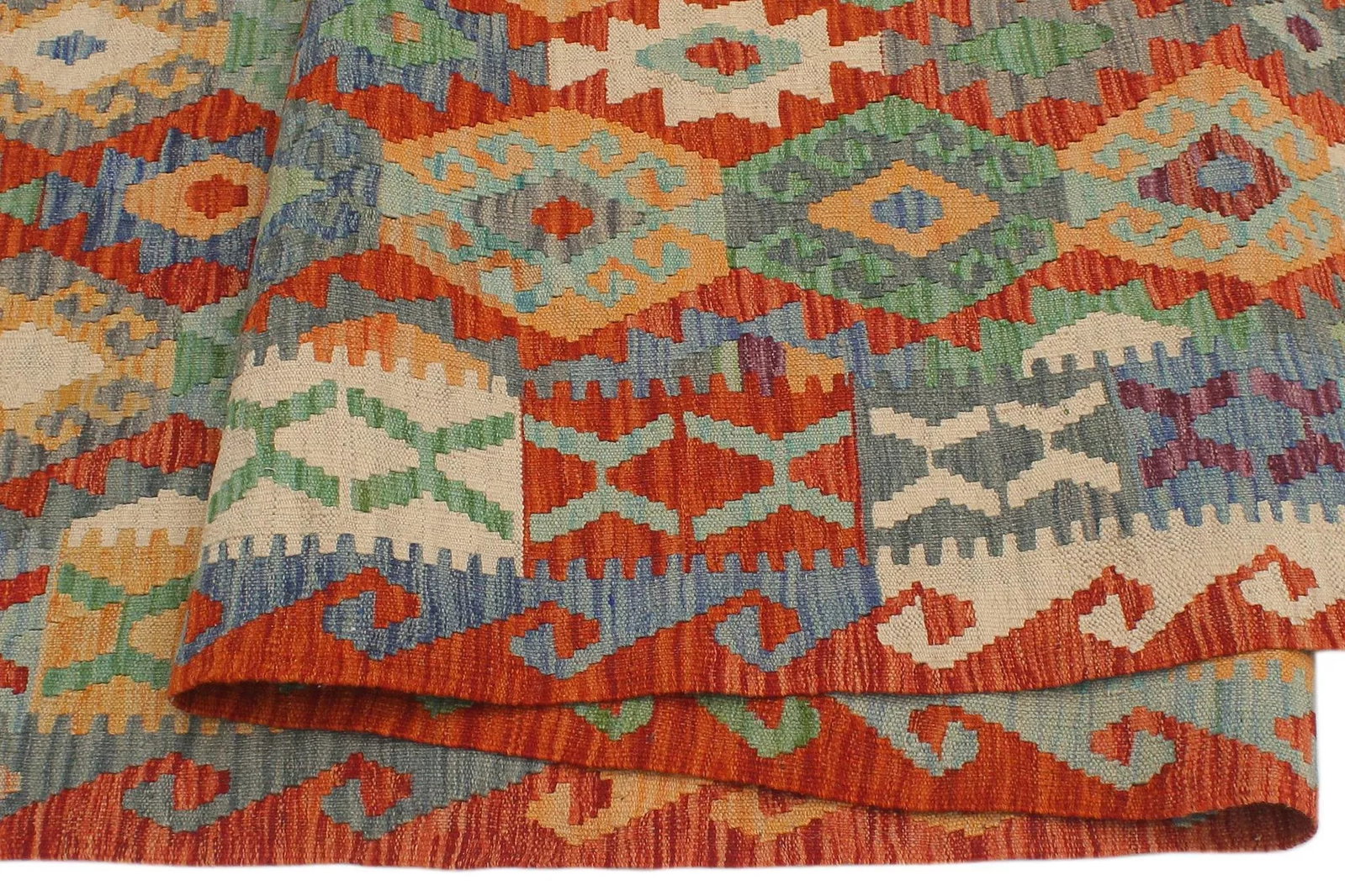 Navajo Style Kilim Rust Blue Hand Woven Rug - 2'10" X 12'6" - 6
