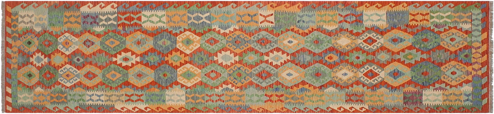 Navajo Style Kilim Rust Blue Hand Woven Rug - 2'10" X 12'6" - 8