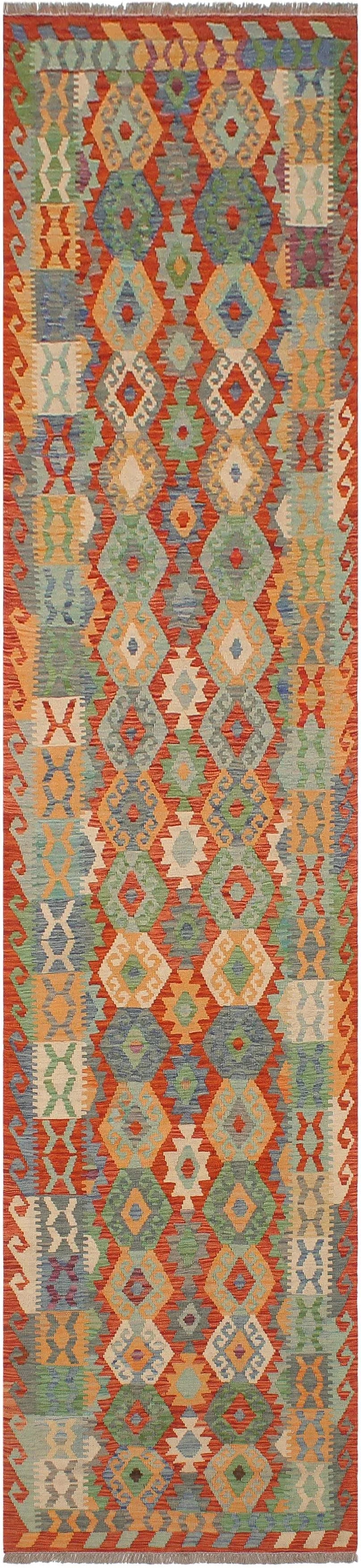 Navajo Style Kilim Rust Blue Hand Woven Rug - 2'10" X 12'6" - 9