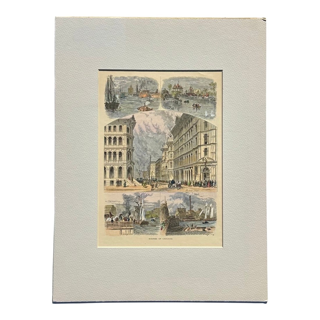 Scenes of Chicago (Madison Street, and the Clark Street/Lake Street Bridge), Original Print, 1874: Original hand colored wood engraving from Picturesque America by William Cullen Bryant, 1872. The scenes include views of the Chicago River, Madison Street, and the Clark Street/Lake Street bridge.