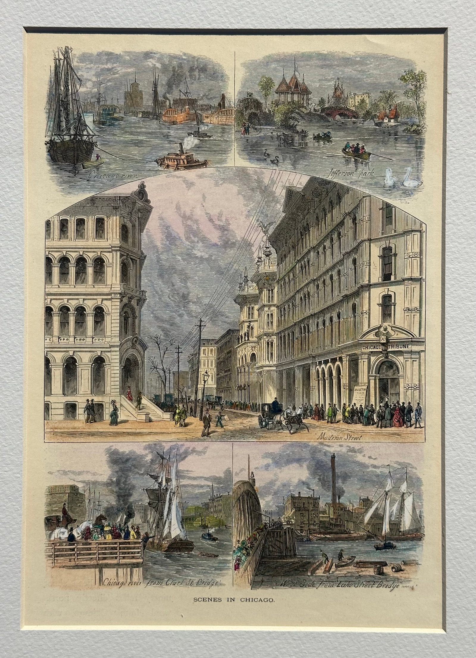 Scenes of Chicago (Madison Street, and the Clark Street/Lake Street Bridge), Original Print, 1874 - 2