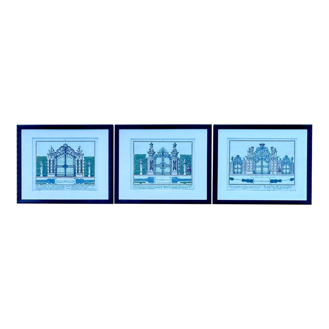 Architectural Garden Gates by Johann George Oegg, Set of 3, Framed (C. 1740): Set of 3 original hand colored copper engravings of the Schloss Belvedere in Vienna from Architectural Garden Gates of the best in Europe By Johann George Oegg, published 1740. Dimensions: 21.5 x