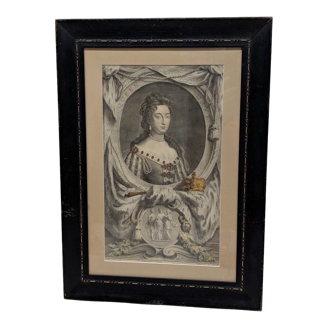 Jacobus Houbraken - 1744 Engraving Portrait of Queen Mary: Jacobus Houbraken - Original 1744 Engraving Print. After the painting by Sir Godfrey Kneller. Print measures 13.5x8". Frame 19.5x14" Jacobus Houbraken apprenticed under his father, Arnold Houbraken
