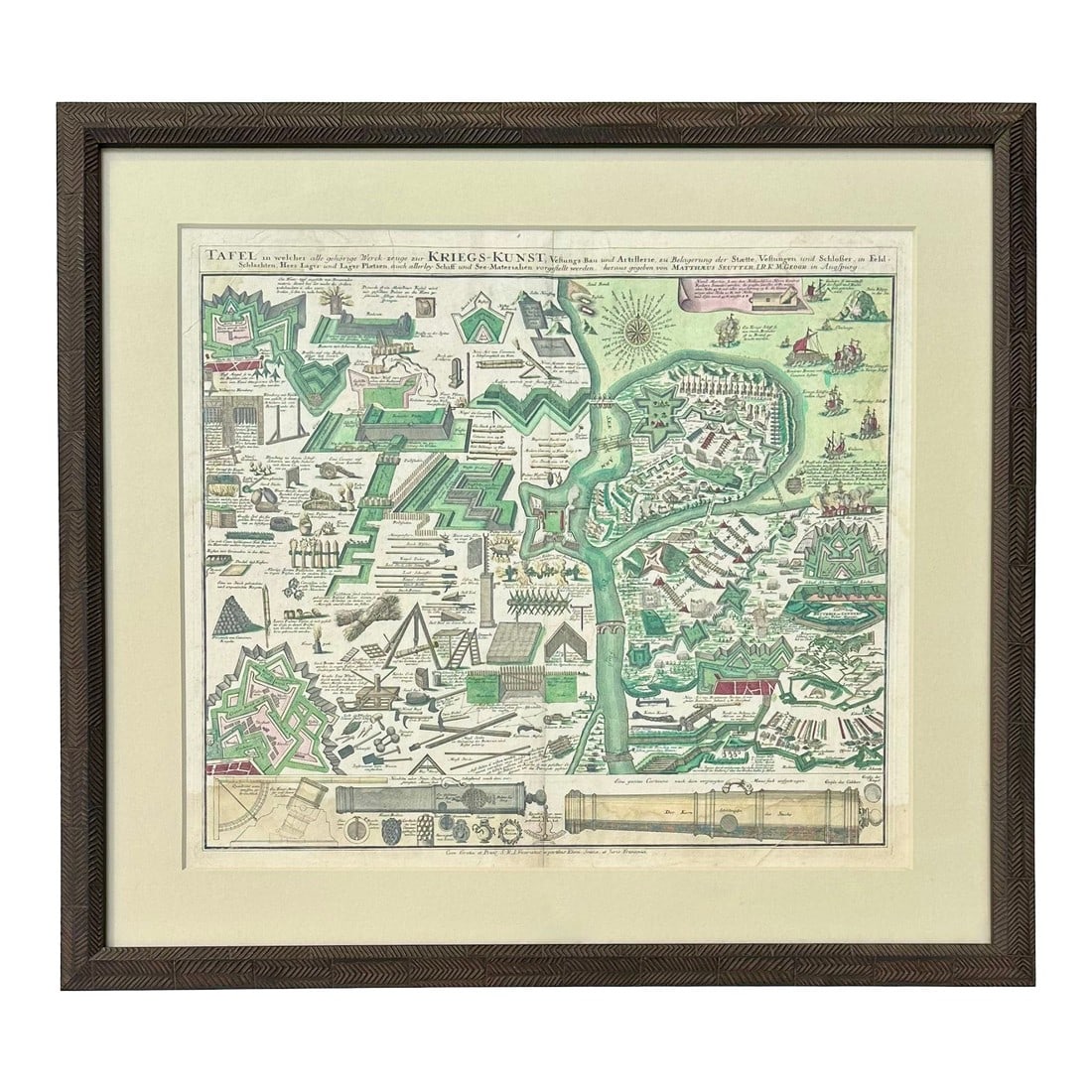 Seutter's Art of War Chart of Weapons & Military Defense, 1720: Original hand colored copper plate engraving titled "Kriegs-Kunst" (Art of War). It is a detailed military map or chart created by the German cartographer and publisher Matthäus Seutter