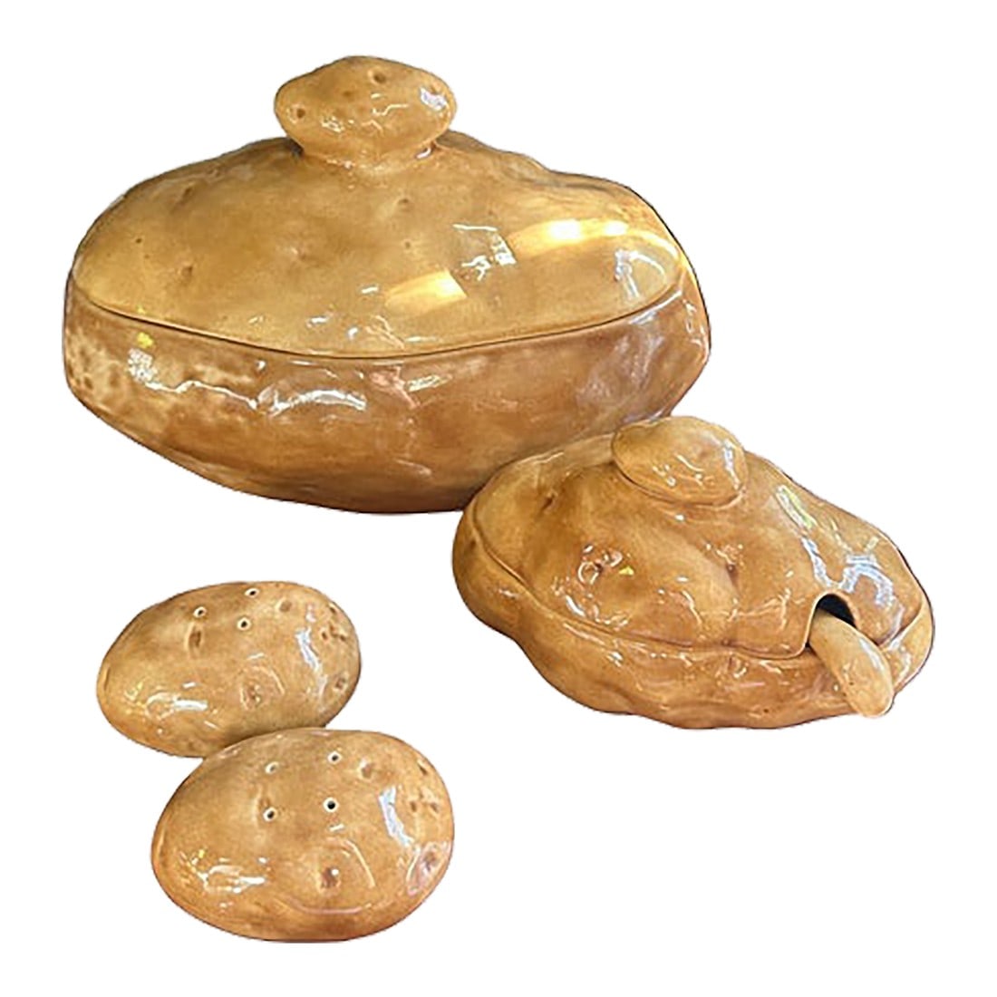 Vintage Ceramic Potato Dishes, Serving Bowls and Lids, Spoon, Salt and Pepper Shakers- Set of 4: Up for consideration is a beautiful vintage set of ceramic potato dishes, which includes a large serving bowl, small serving bowl with spoon, and salt and pepper shakers. These would look lovely on