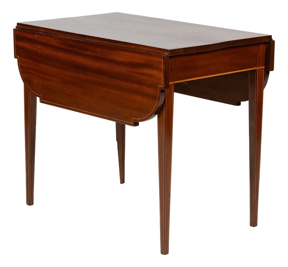 Mahogany Pembroke Table With Inlay, Circa 1810: American federal inlaid mahogany pembroke table, circle 1810. Could also possible serve a game table with leaves open. The table has hinged fall leaves with shaped profile, plain skirt, and tapered
