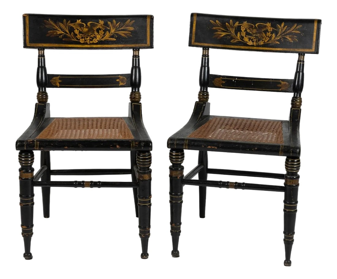 Pair of Classical Paint-Decorated Fancy Side Chairs, C1840: Pair of Baltimore, Maryland classical paint-decorated fancy side chairs. Made of poplar and probably maple, the tablet crest with an applied scroll above two turned posts centering a narrow slat,