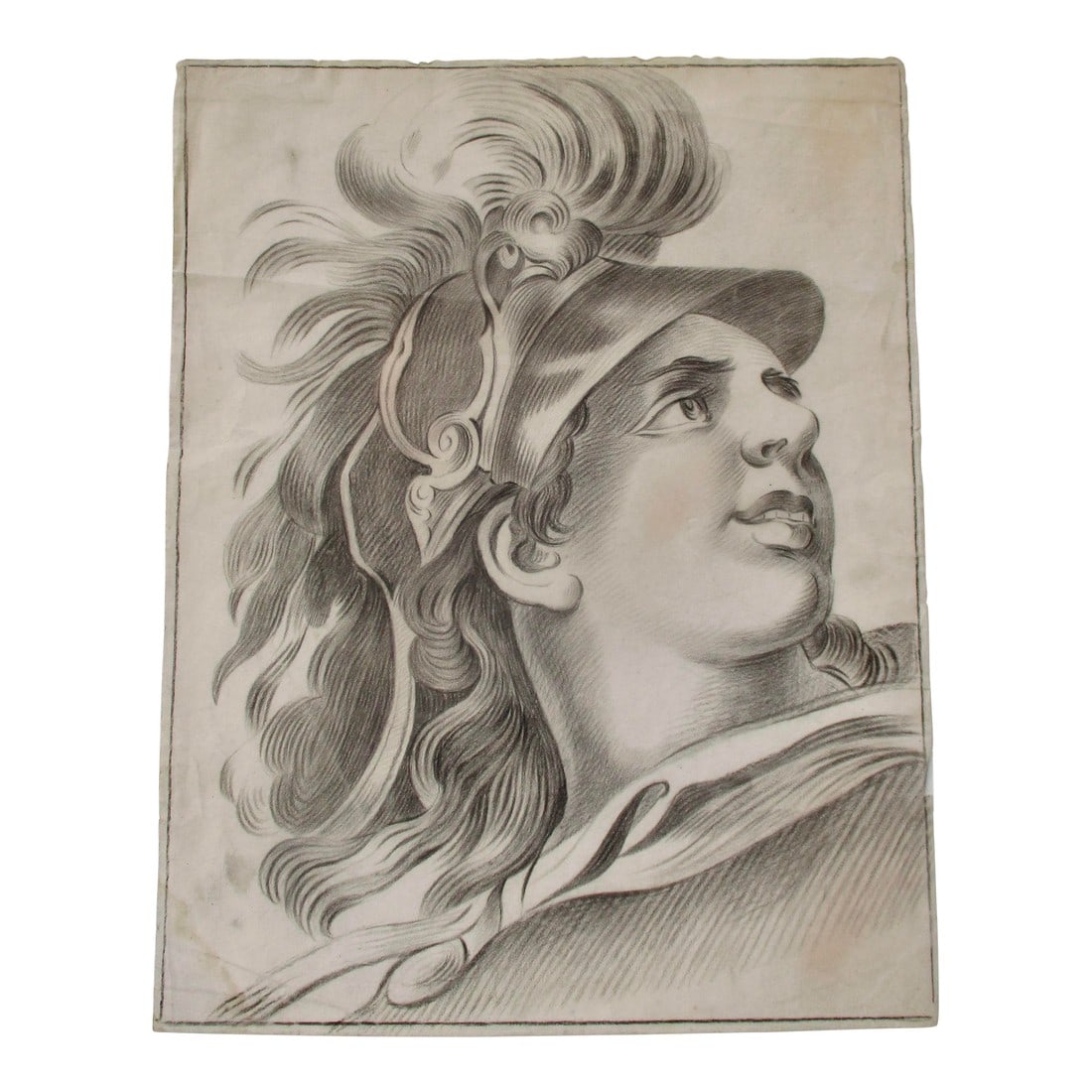 Modern Pencil Sketch of a Classical Head: Modern pencil and charcoal sketch of a heroic male head on sketch paper. Drawn in pencil with washes of charcoal shading, the quick study of a romantic upward view. Likely early 20th century, after a